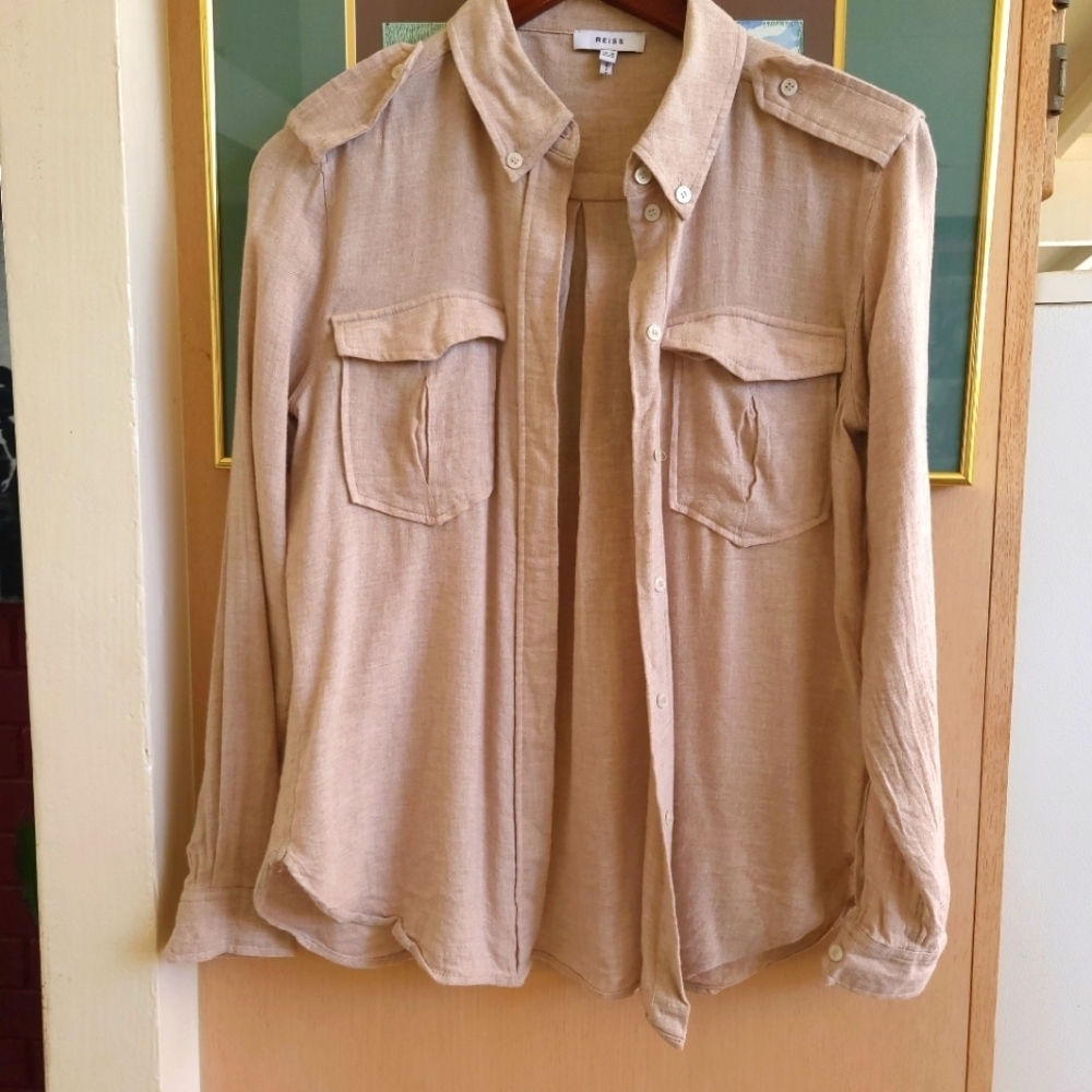 Reiss Arlo Beige Textured button up Shirt - Picture 2 of 7